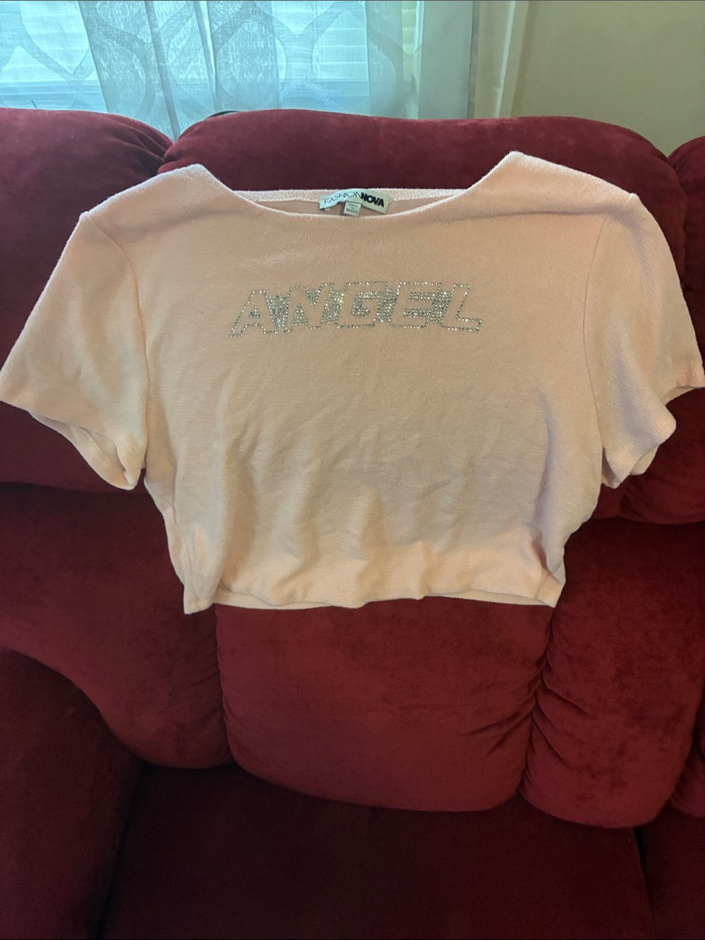 Fashion Nova Light Pink ANGEL Rhinestone Crop Top